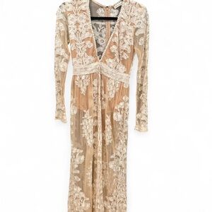 For Love And Lemons Floral Lace Maxi Dress in Cream and Tan